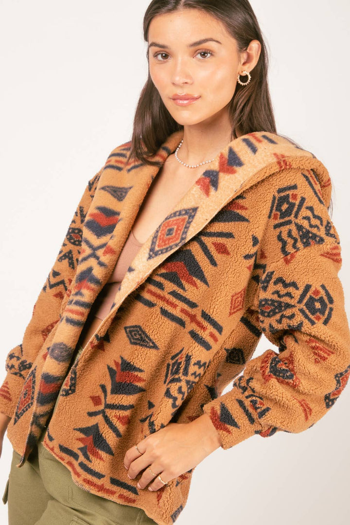 PLUS SIZE Aztec Print Hood Oversize Fleece Jacket: CAMEL