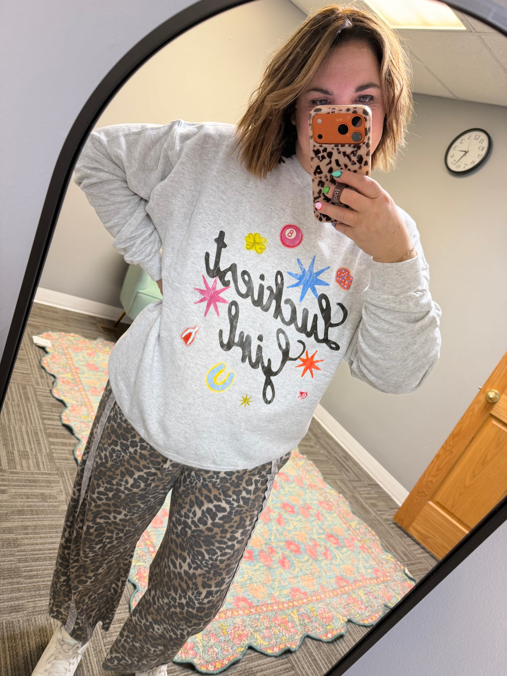 luckiest girl sweatshirt outfit