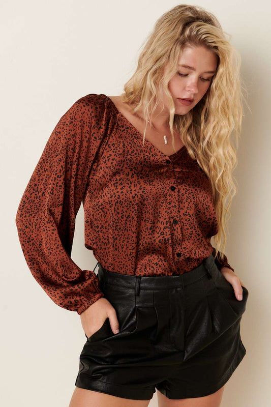 Satin Leopard Button Down Front V-Neck Woven Blouse with long sleeves, functional placket, and relaxed fit.