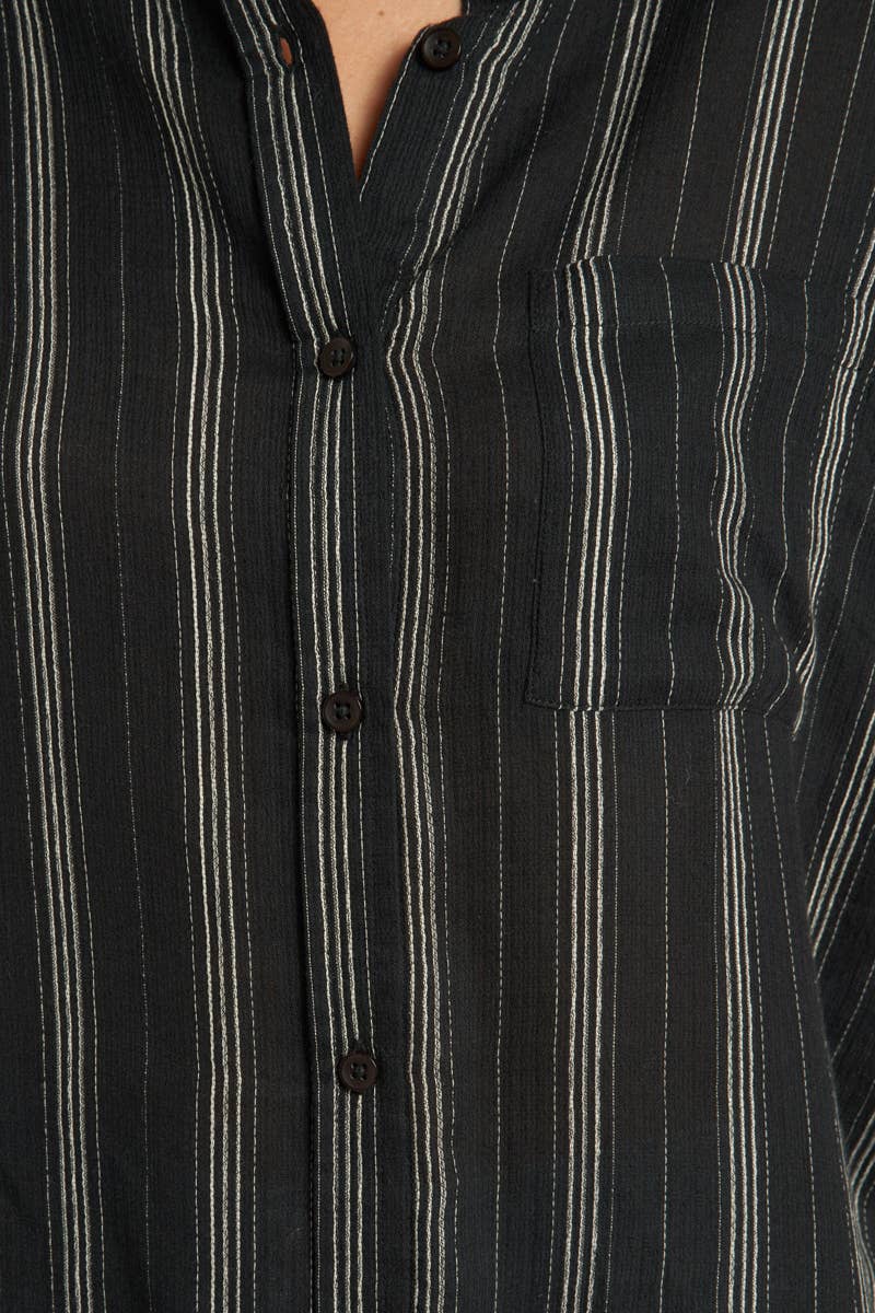 detailed view of Stevie Striped Sleeve Button Down Top with short striped sleeves, made from 100% cotton. Model is 5'10" and wearing a size small.