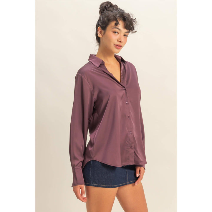Button-Up Satin Shirt With Collared Neckline: DARK CHERRY