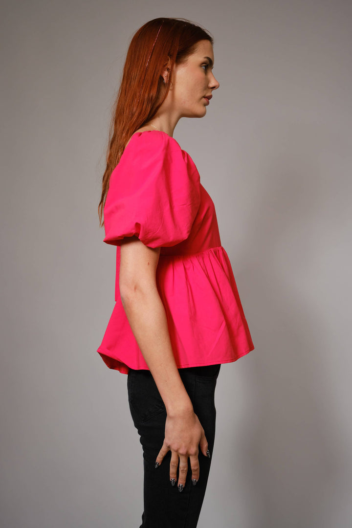 Coral Puff Sleeve Peplum Top with Square Neckline and Tie Back