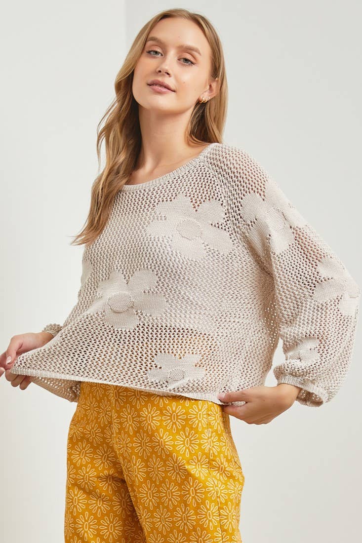 detail of "Flower Fishnet Knit Long Sleeve Top, round neck, featuring flower detail, model is wearing size S.