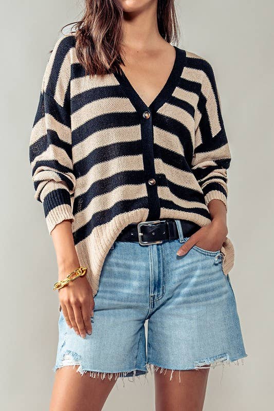 zoomed out styled view of Carly Cozy and Free Striped Cardigan with ribbed trim and slightly oversized fit, ideal for casual layering.