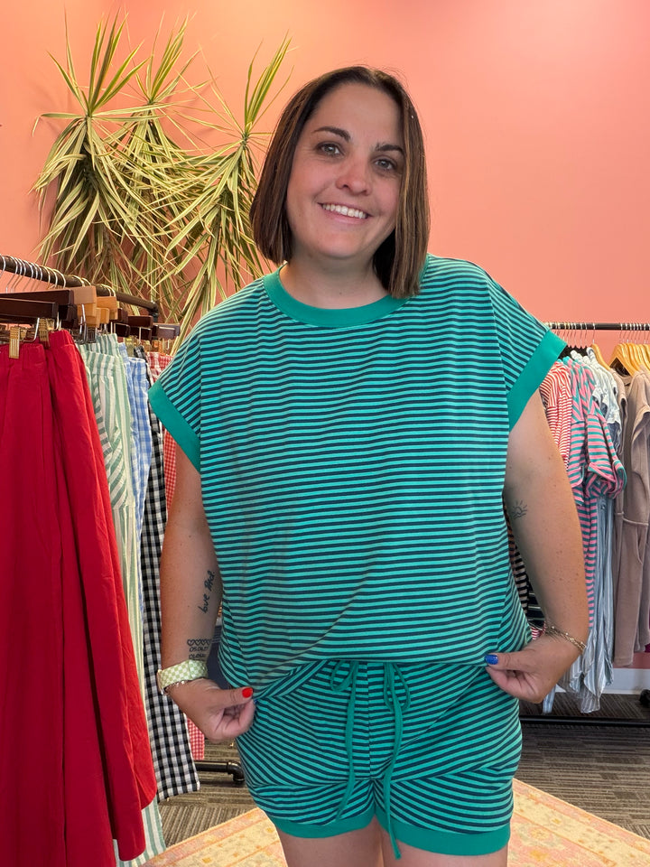 Striped Knit Top and Shorts Lounge Set