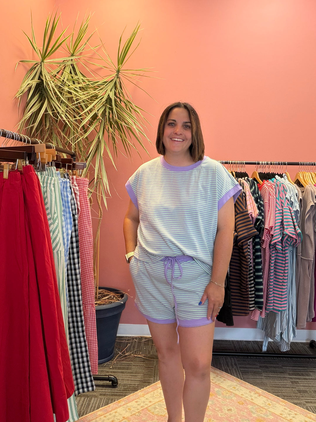 Striped Knit Top and Shorts Lounge Set