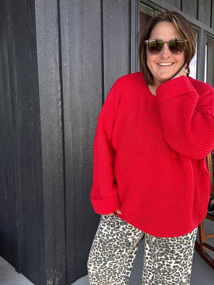 Red Ruby Oversized Casual Ribbed Knit Sweater