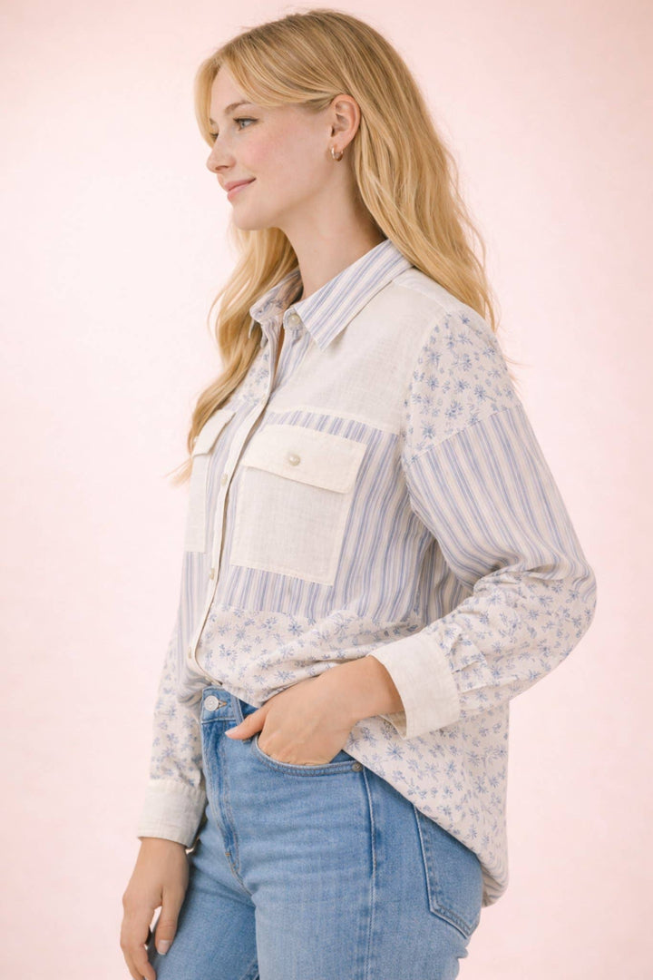 Plus Size Floral & Stripe Oversized Shacket Jacket