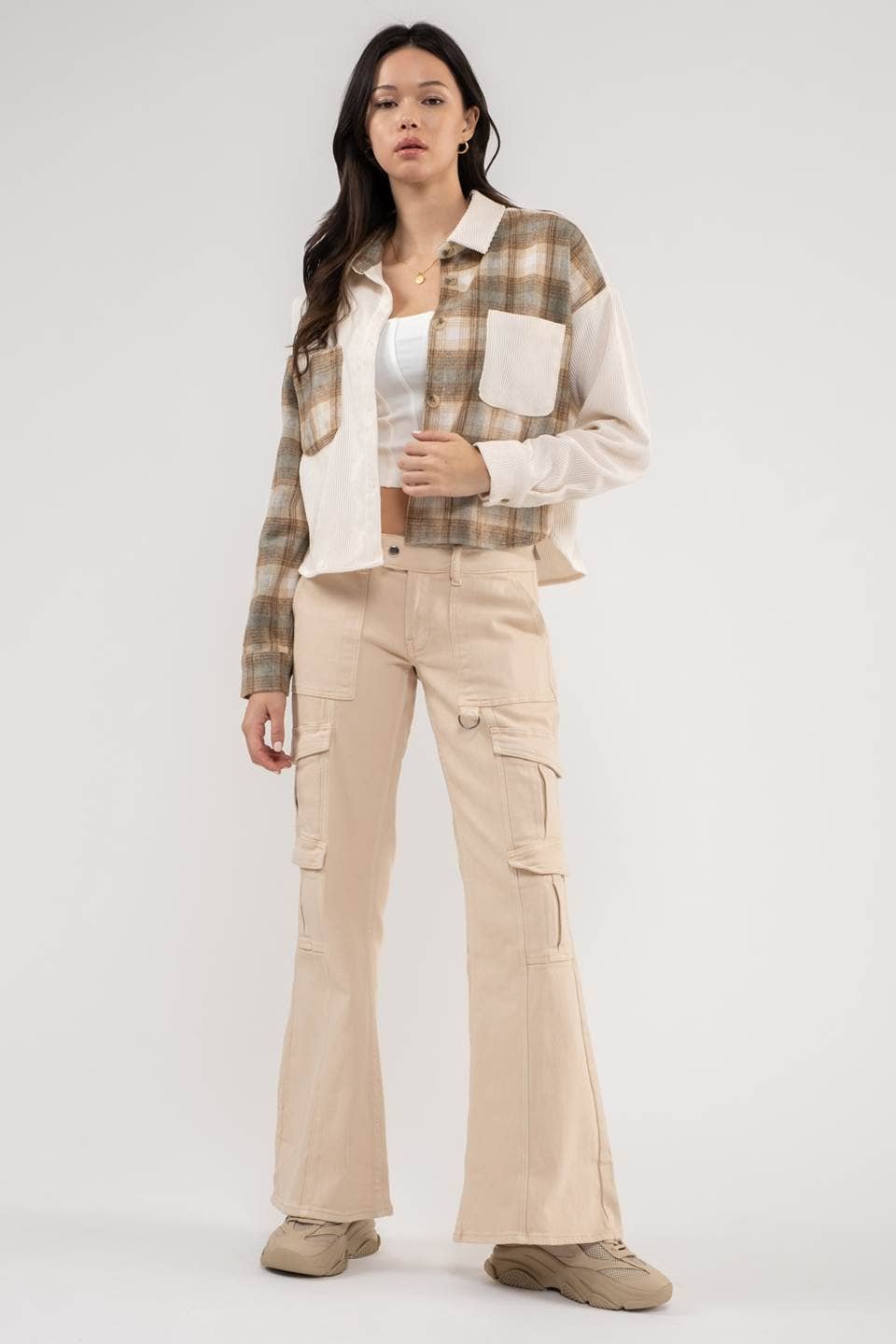 CONTRAST PLAID PATCHWORK BUTTON UP TOP: IVORY