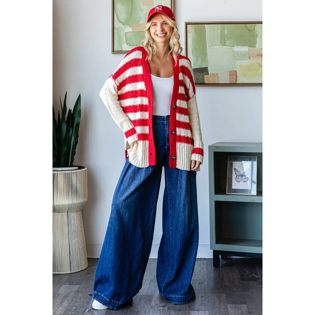 zoomed out detail of Sally Stripe Mix Oversize Cardigan with 3-button front, solid stripe accents, and side slit design, available at Onyx Native.