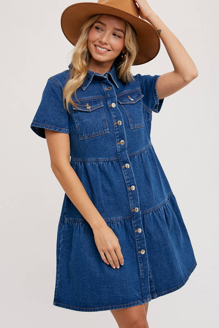 DENIM TIERED BUTTON FRONT SHIRT DRESS