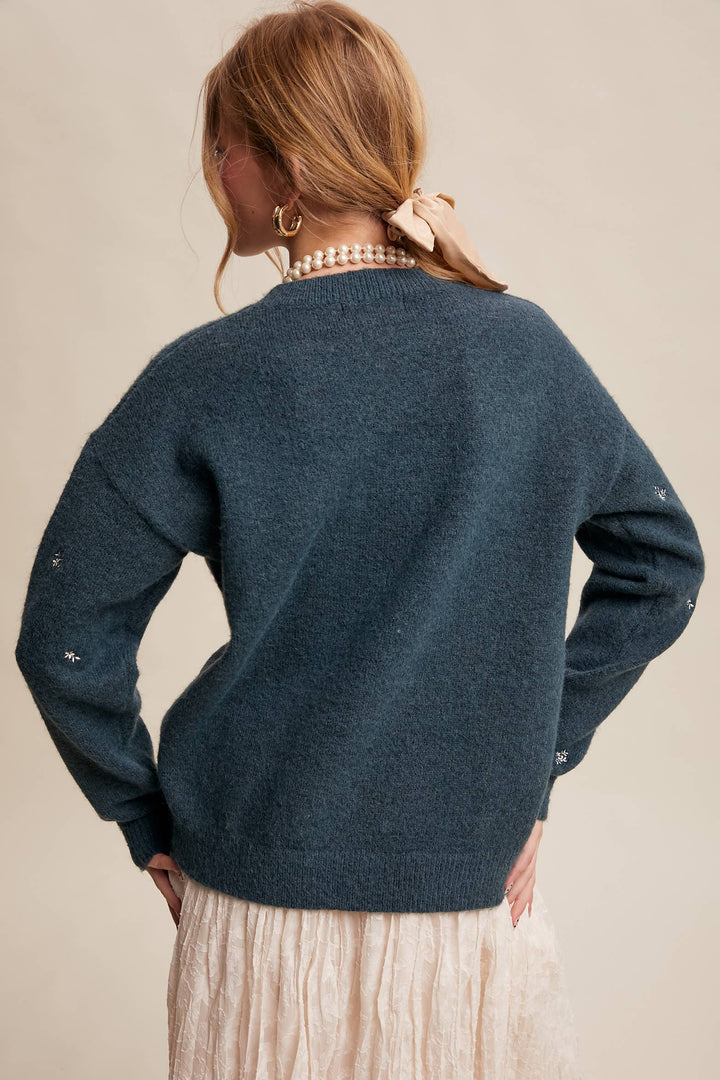 Embroidered Dot Knit Sweater Emerlad