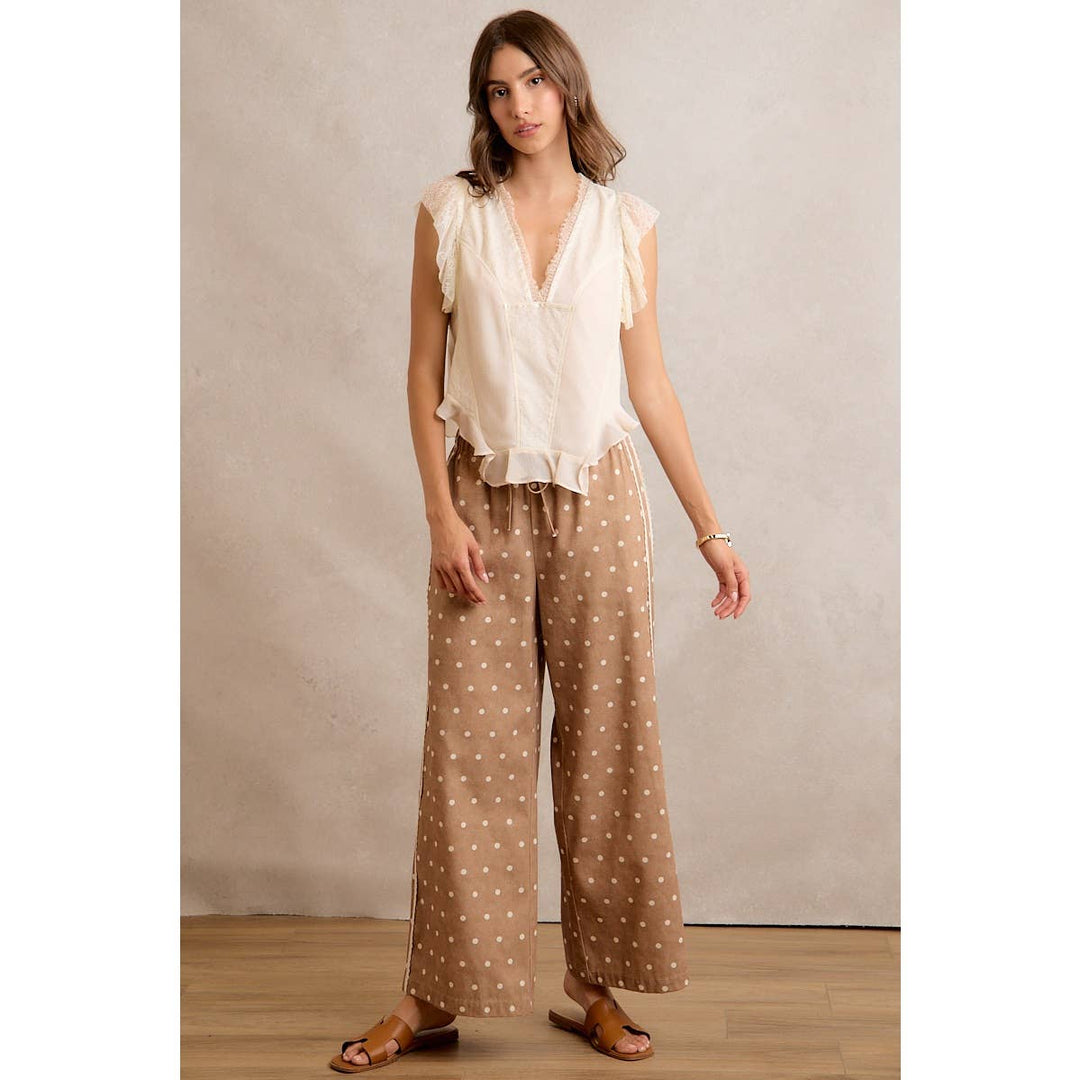 LACE SIDE TRIM POLKA DOT MID RISE WIDE LEG PANTS