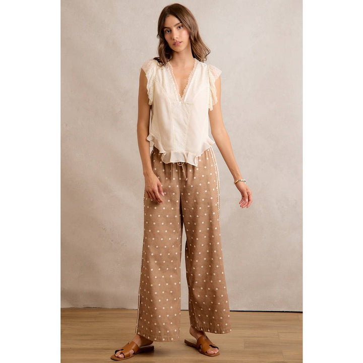 LACE SIDE TRIM POLKA DOT MID RISE WIDE LEG PANTS