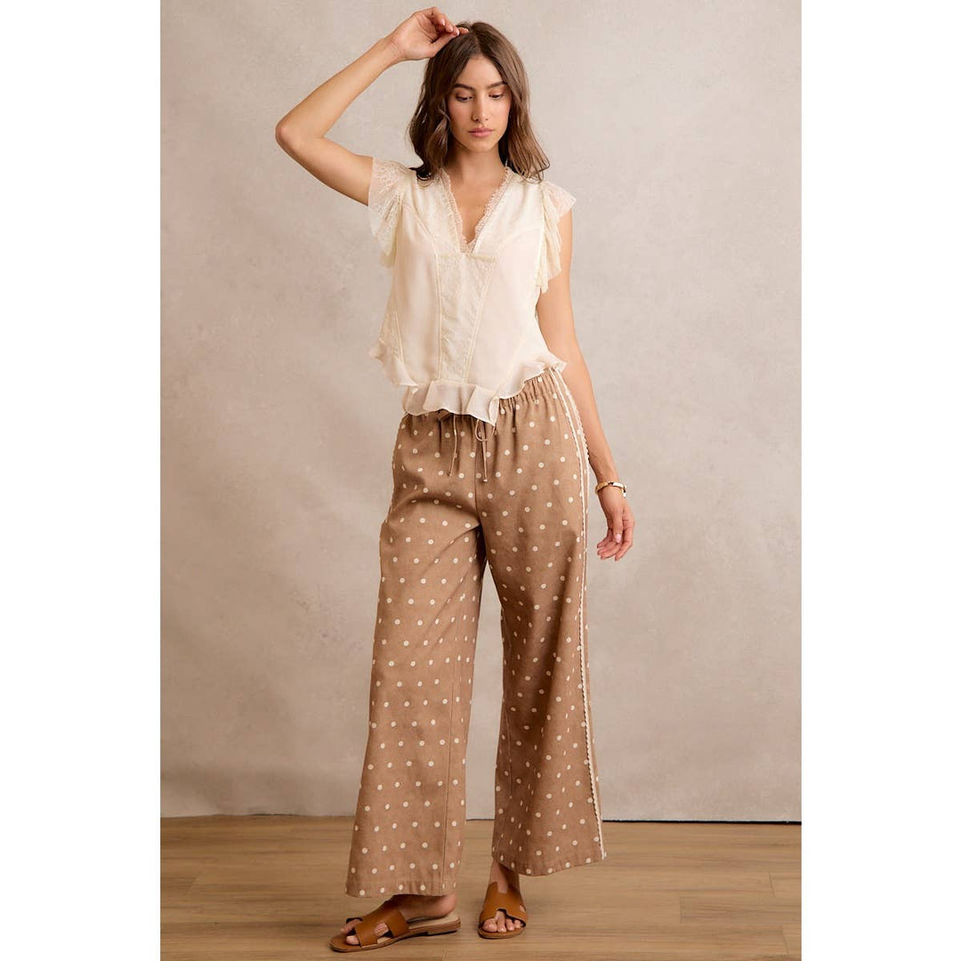 LACE SIDE TRIM POLKA DOT MID RISE WIDE LEG PANTS