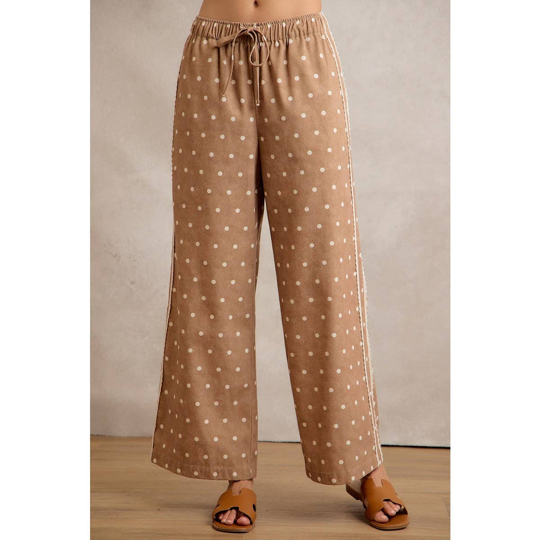 LACE SIDE TRIM POLKA DOT MID RISE WIDE LEG PANTS