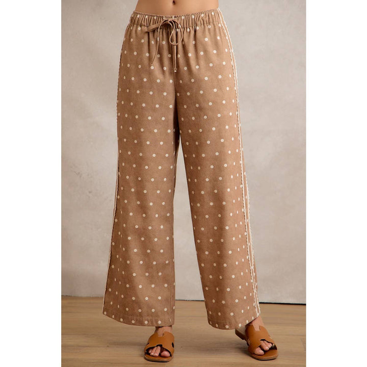 LACE SIDE TRIM POLKA DOT MID RISE WIDE LEG PANTS