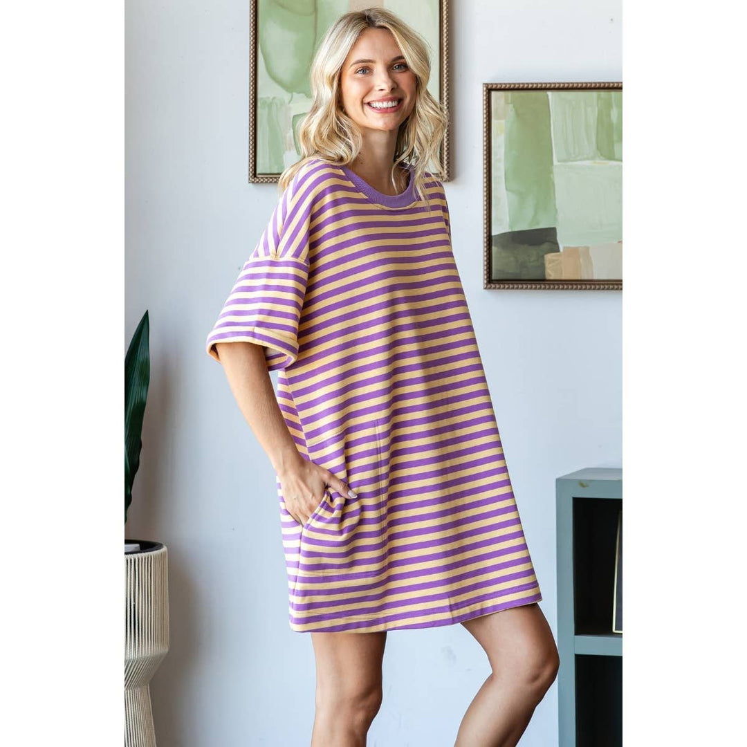 Yellow/Purple Stripe Knit Pullover Oversized Tee Dress