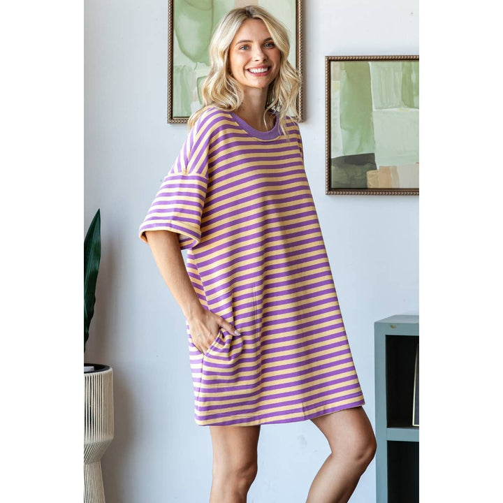 Yellow/Purple Stripe Knit Pullover Oversized Tee Dress