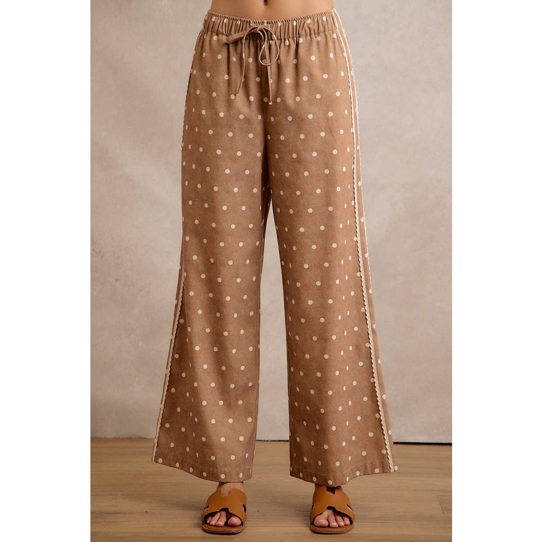 LACE SIDE TRIM POLKA DOT MID RISE WIDE LEG PANTS