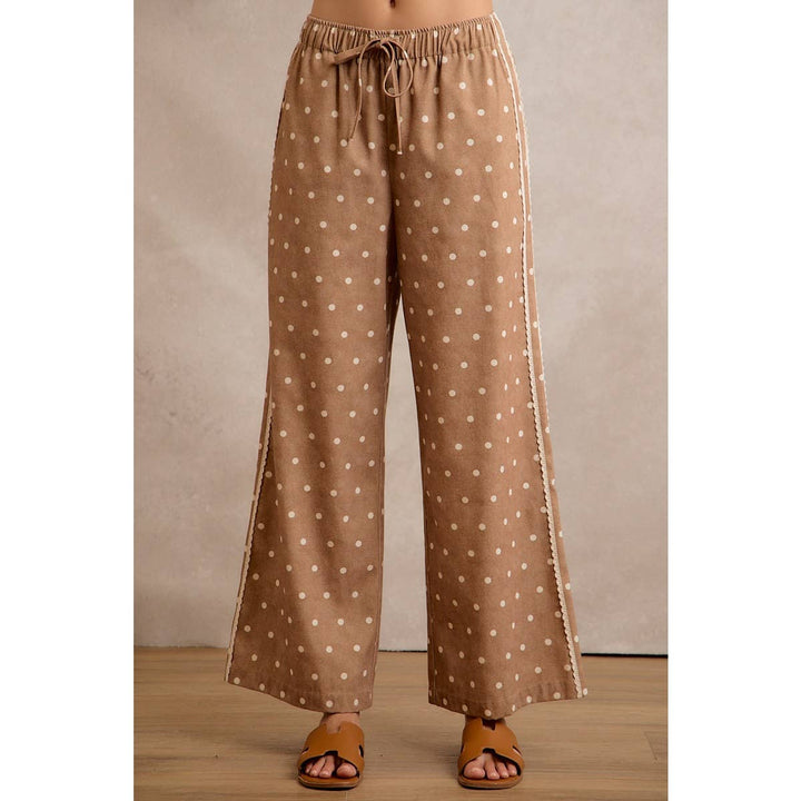 LACE SIDE TRIM POLKA DOT MID RISE WIDE LEG PANTS