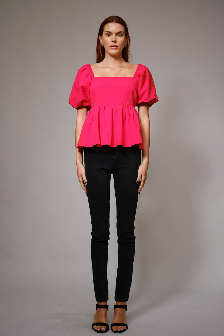 Coral Puff Sleeve Peplum Top with Square Neckline and Tie Back