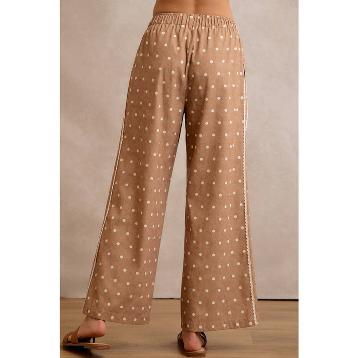 LACE SIDE TRIM POLKA DOT MID RISE WIDE LEG PANTS