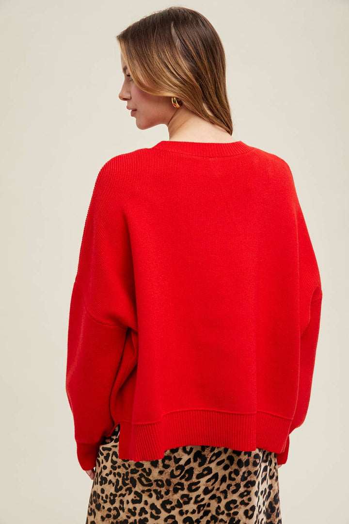 Red letter drop shoulder sweater