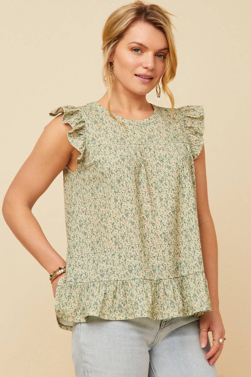 Womens Textured Floral Knit Ruffle Detail Tank: Sage / L