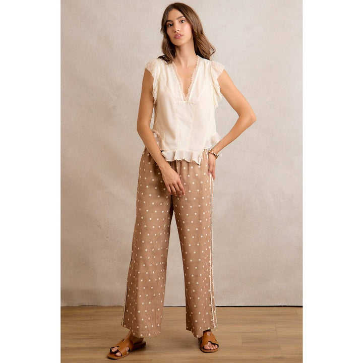 LACE SIDE TRIM POLKA DOT MID RISE WIDE LEG PANTS