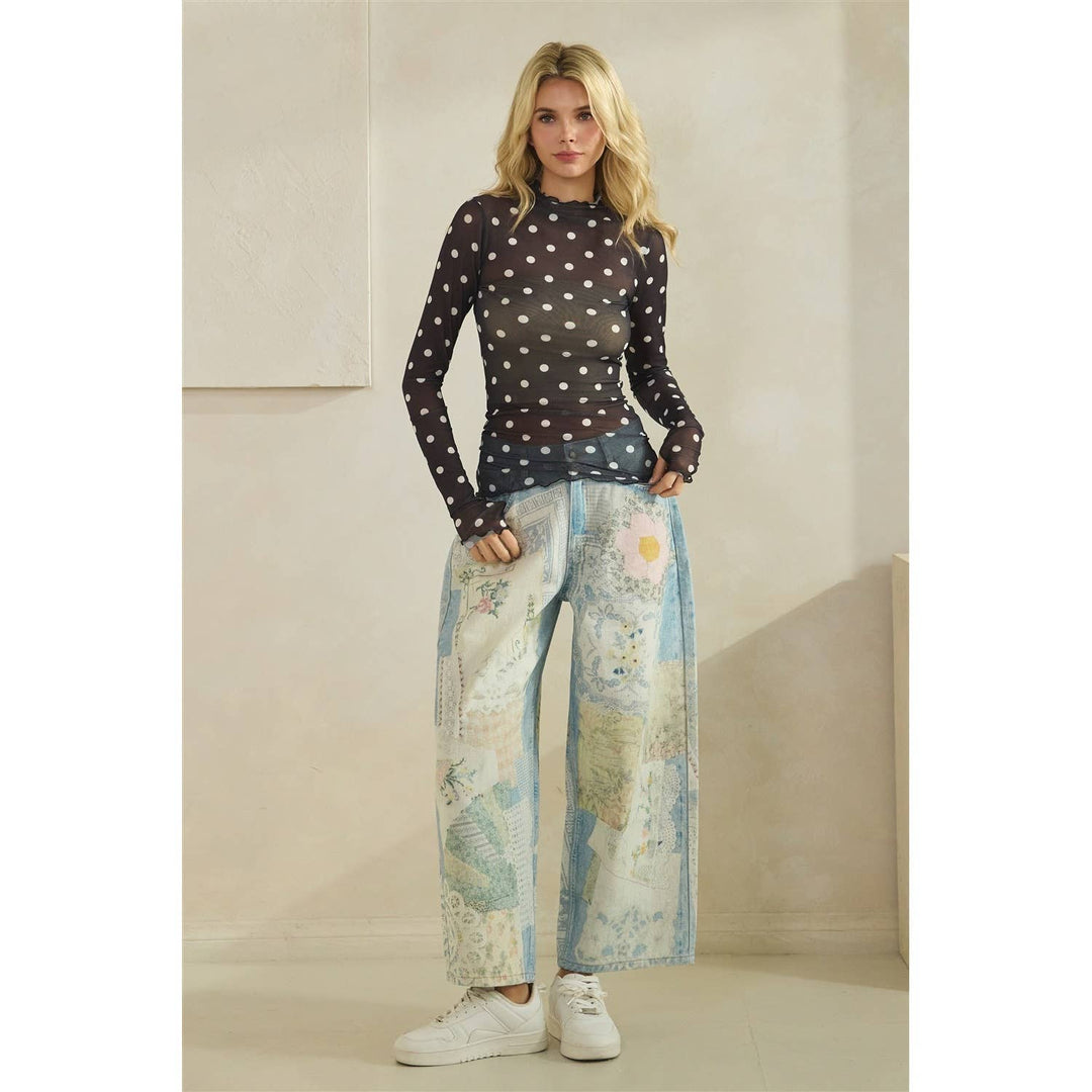 Lace Long Sleeve See Through Top: Ivory Polka Dot