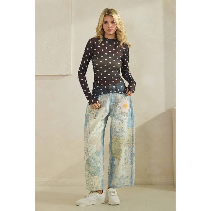 Lace Long Sleeve See Through Top: Ivory Polka Dot