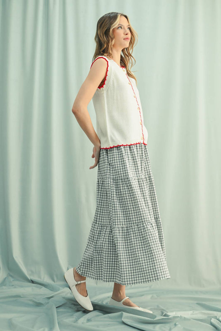 side view Scalloped Button-Up Sweater Vest — sleeveless, lightweight layering piece with functional buttons by Onyx Native

