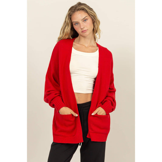 Ruby Red Oversized Open-Front Cardigan Sweater with deep front pockets and ribbed cuffs, designed for a relaxed fit, available at Onyx Native.