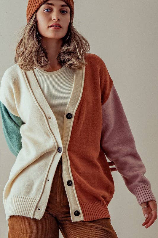 button view of Hailee Multicolor Cardigan Sweater with button-down front, colorful ribbed cuffs and hem, designed for a slightly oversized fit, available at Onyx Native.