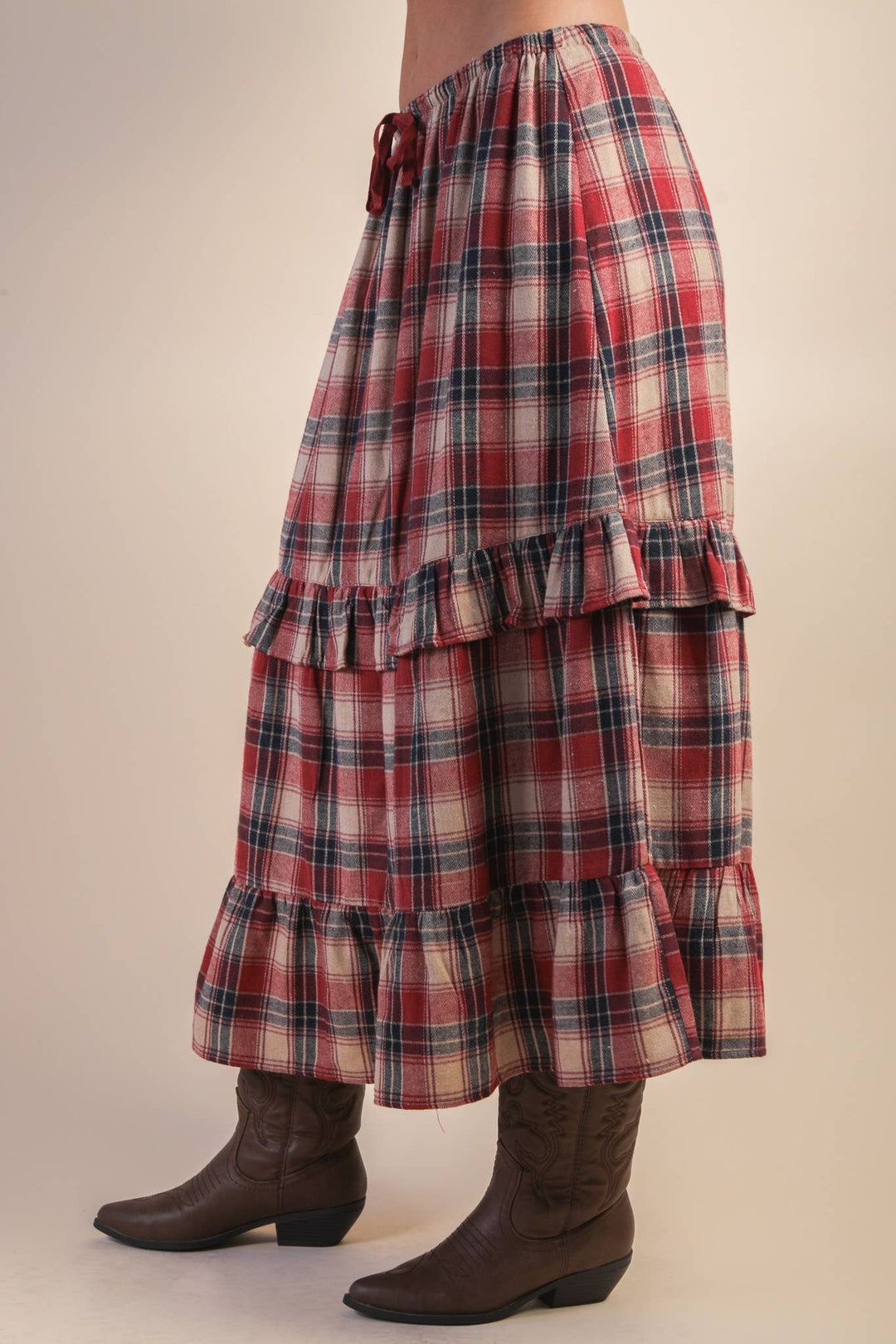 Ruffle Red Check Plaid Tiered Midi Skirt