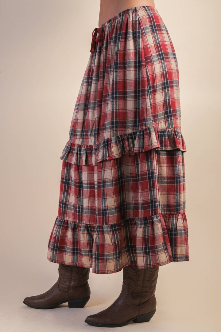 Ruffle Red Check Plaid Tiered Midi Skirt