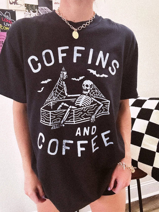 Coffins and Coffee Halloween Skeleton Tee made from 100% ring-spun cotton, featuring a relaxed unisex fit, available at Onyx Native.