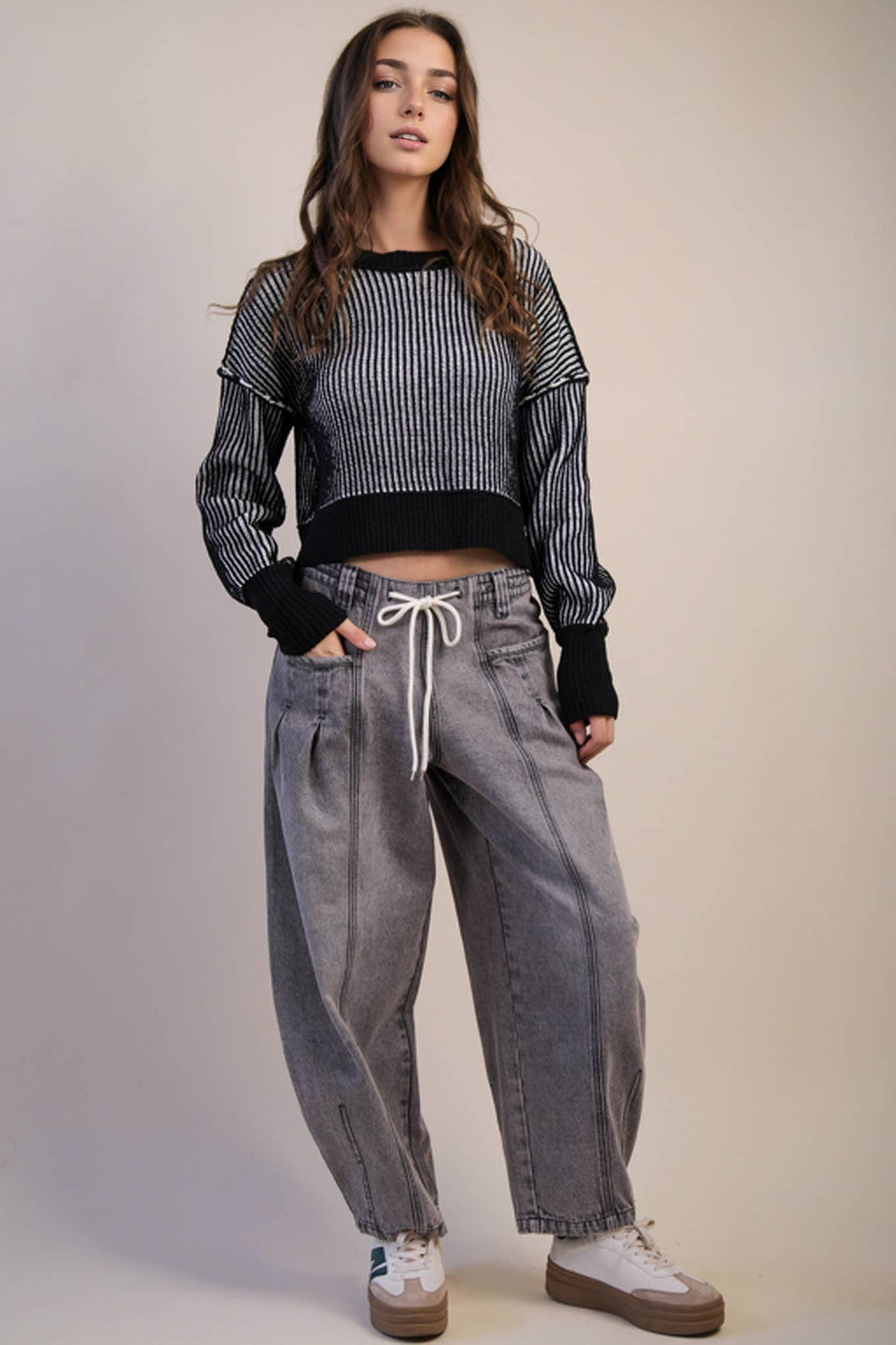 Two Tone Striped Casual Stripe Sweater Top-black