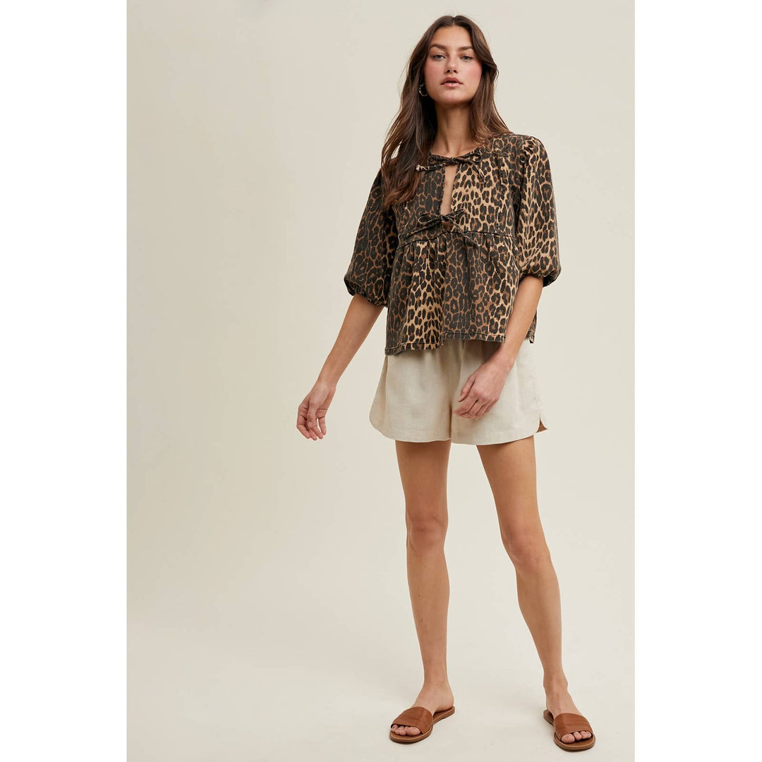 Bow Leopard Denim top