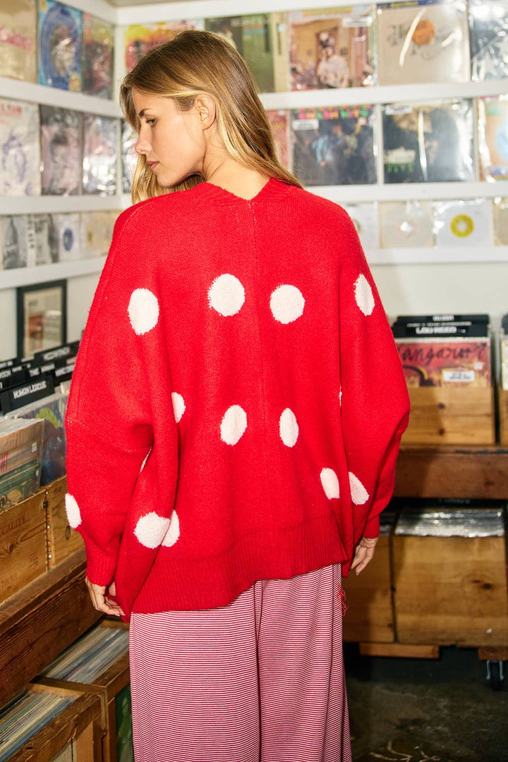 Red Wine Oversized Polka-dot Sweater Cardigan