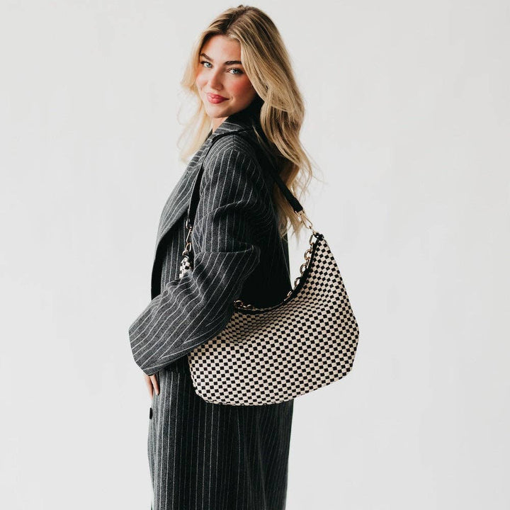Sienna Slouchy Woven Shoulder Bag - Black Checkered