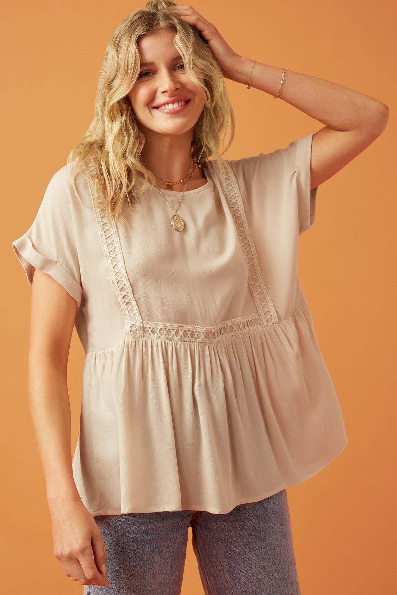 Womens Crochet Trimmed Dolman Sleeve Babydoll Top: Taupe