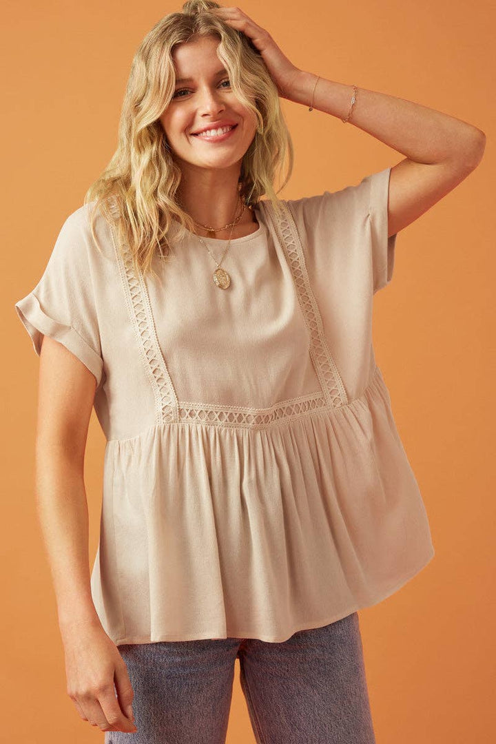 Womens Crochet Trimmed Dolman Sleeve Babydoll Top: Taupe