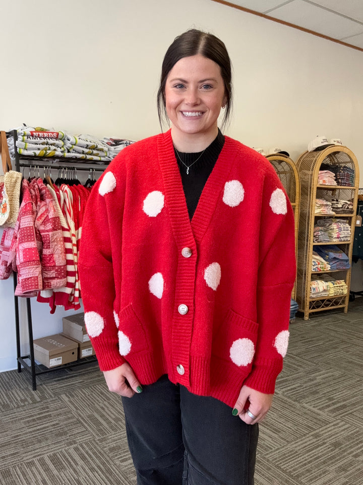 Red Wine Oversized Polka-dot Sweater Cardigan