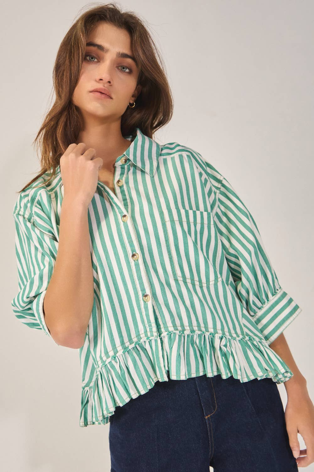 Green Springs Ruffled Detail Striped Top