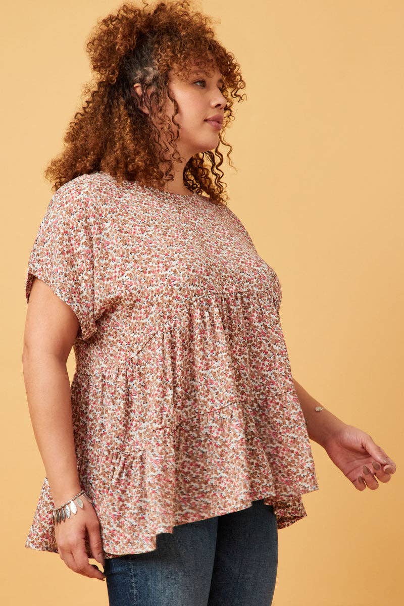 Womens Ditsy Floral Cuffed Tiered Baby Doll Top