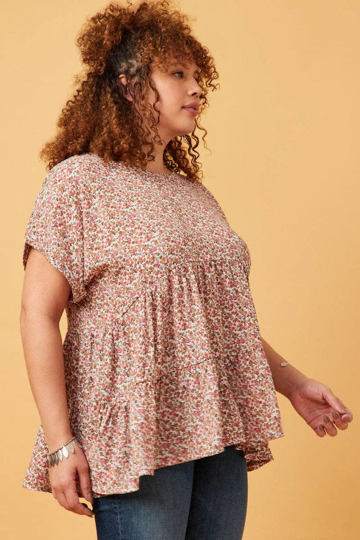 Womens Ditsy Floral Cuffed Tiered Baby Doll Top