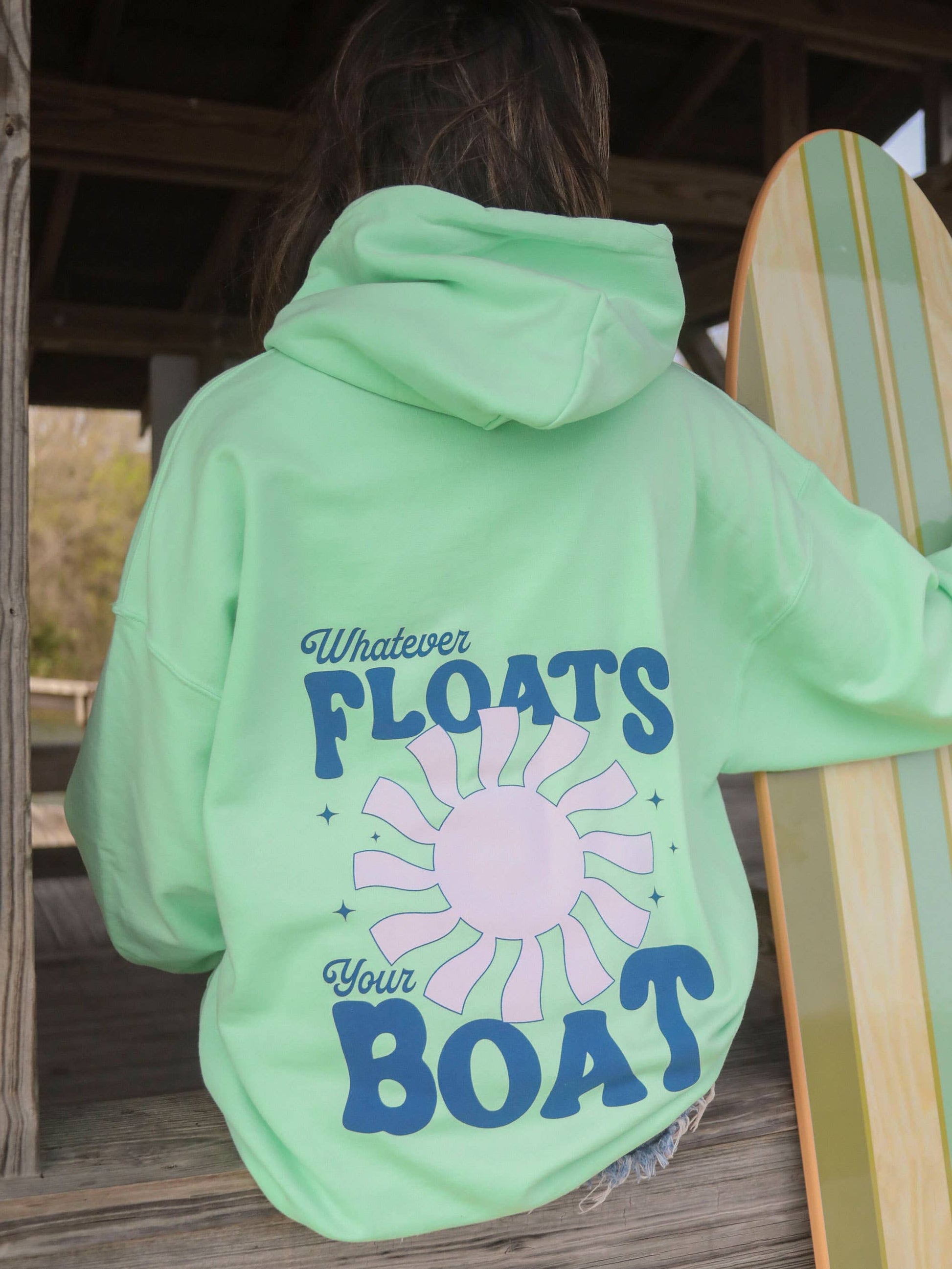 Whatever Floats Your Boat' Hoodie in lime green with bright front and back designs. Perfect for lake days. Available in sizes Small to XL. 
