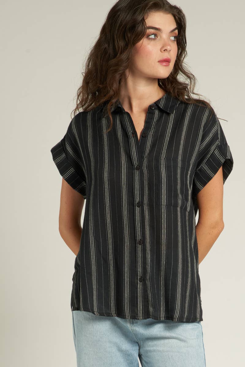 Stevie Striped Sleeve Button Down Top with short striped sleeves, made from 100% cotton. Model is 5'10" and wearing a size small.